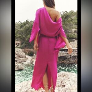 Zara Fuchsia Pink Small Flowy Satin Maxi Dress Elegant Cocktail Glam Boho Classy